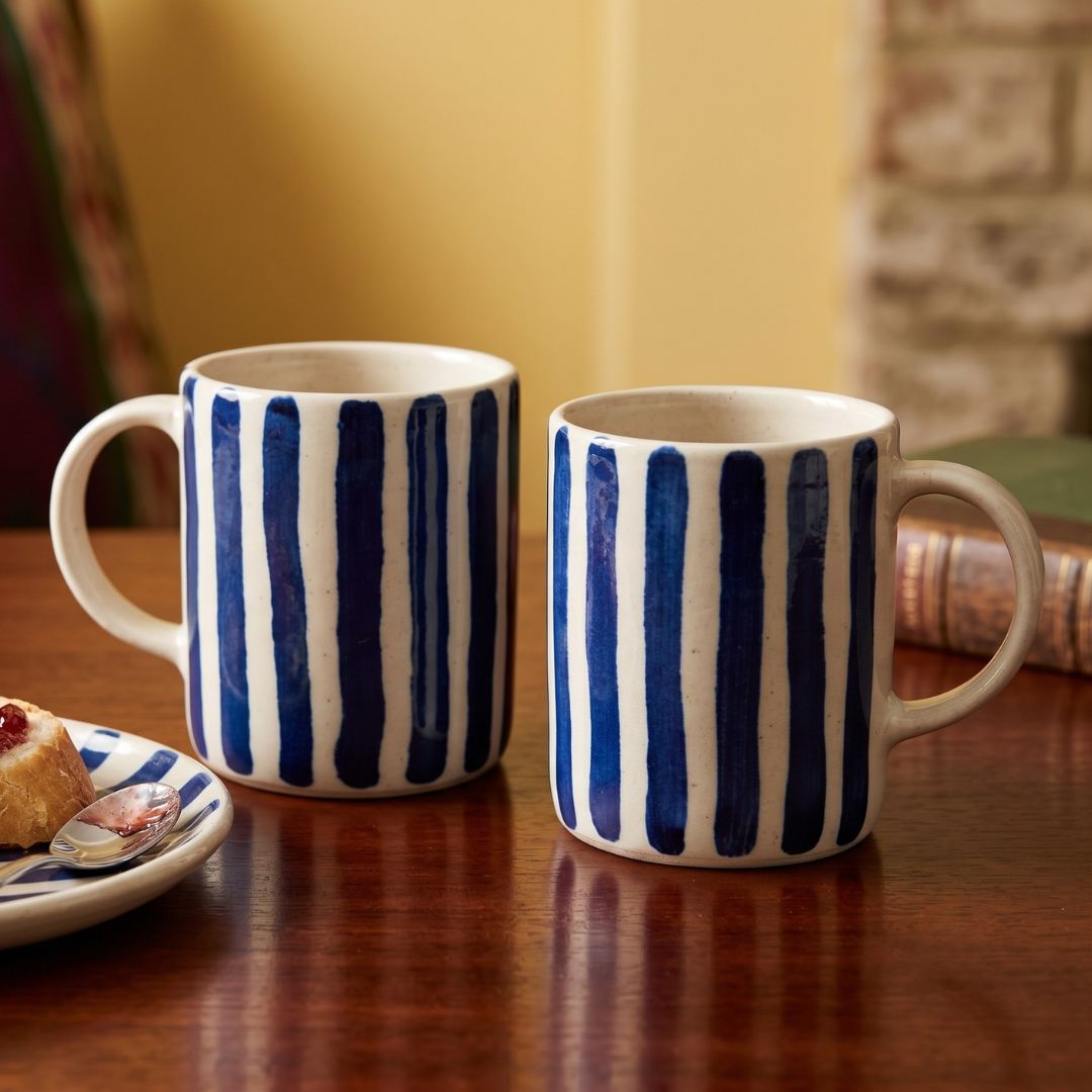 Blue and White Striped Mugs (Set of 2)