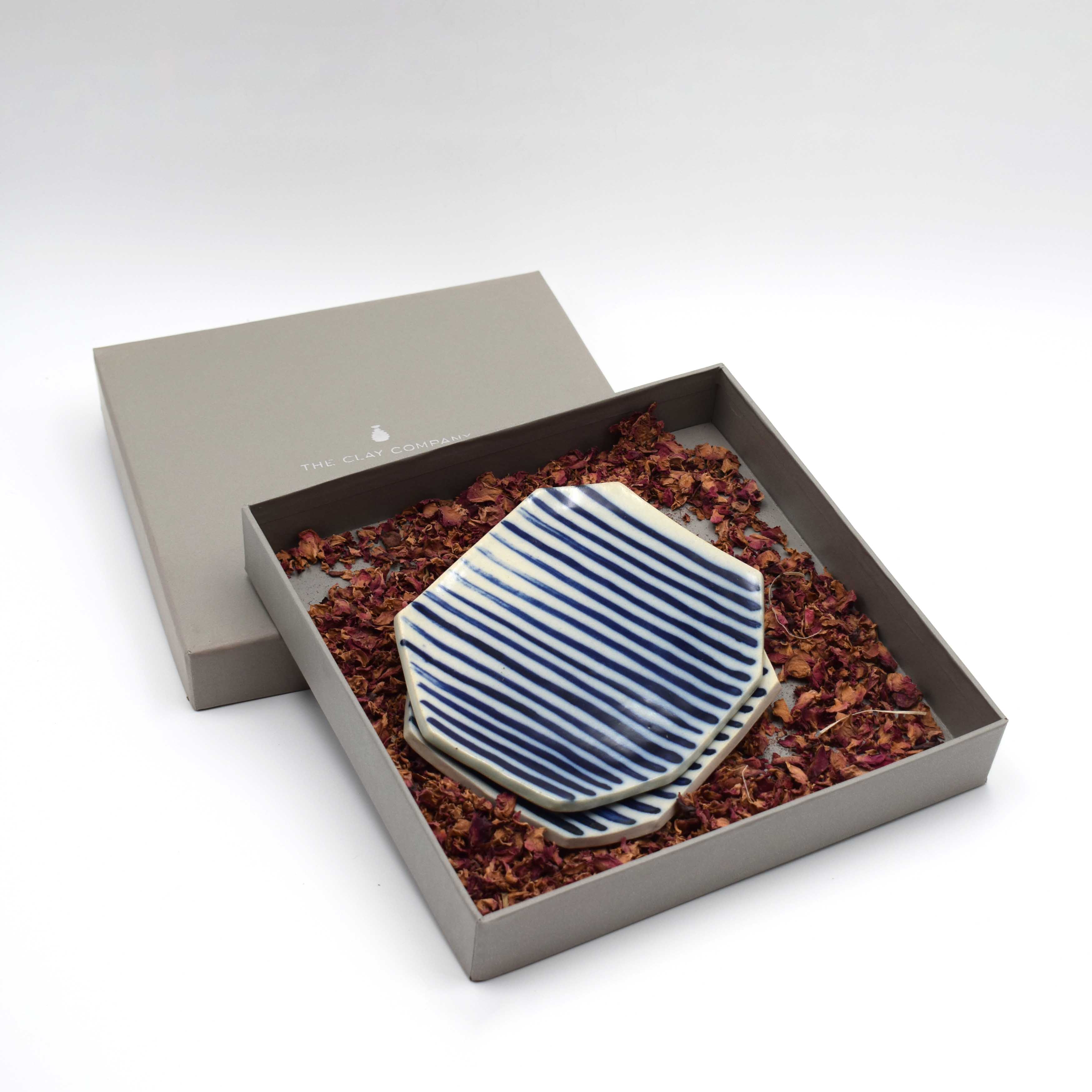 Cobalt Stripes - Octagonal Canape Plates (Pair)