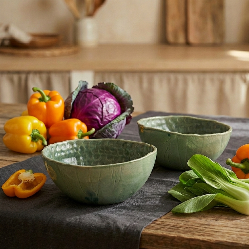 Green Pinched Bowl (Pair)