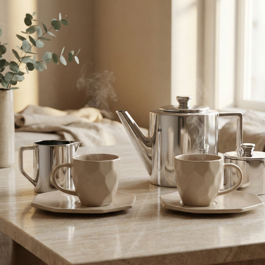 Faceted Cup (flat handle) & Saucer