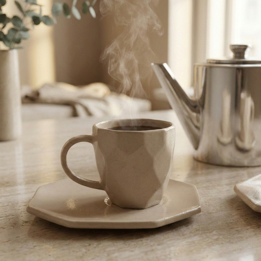 Faceted Cup (flat handle) & Saucer