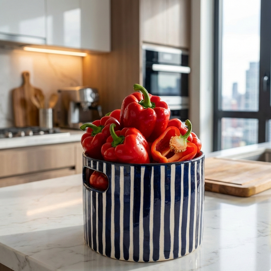 Blue striped vase/ serving bowl medium